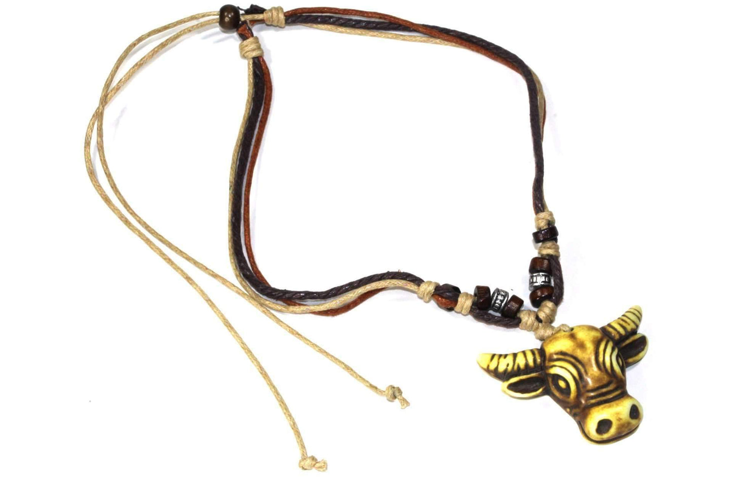 Boho Tribal Cow Head Necklace Beige Brown Tan Wooden Cord