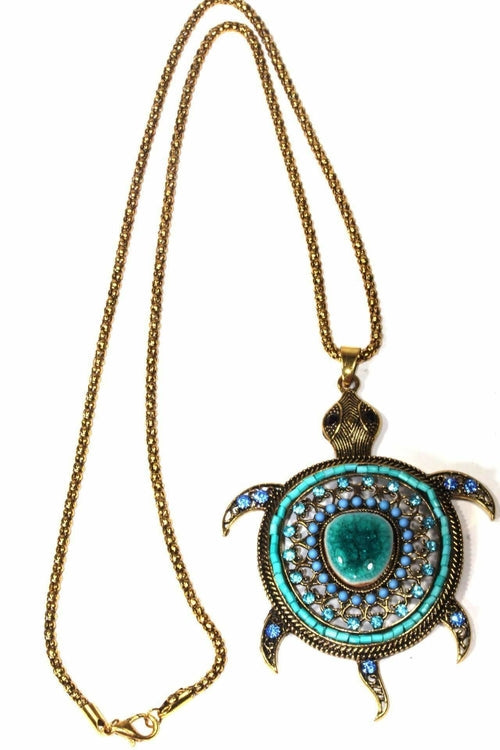 Large Turtle Shimmer Pendant Necklace With Crystal Accents