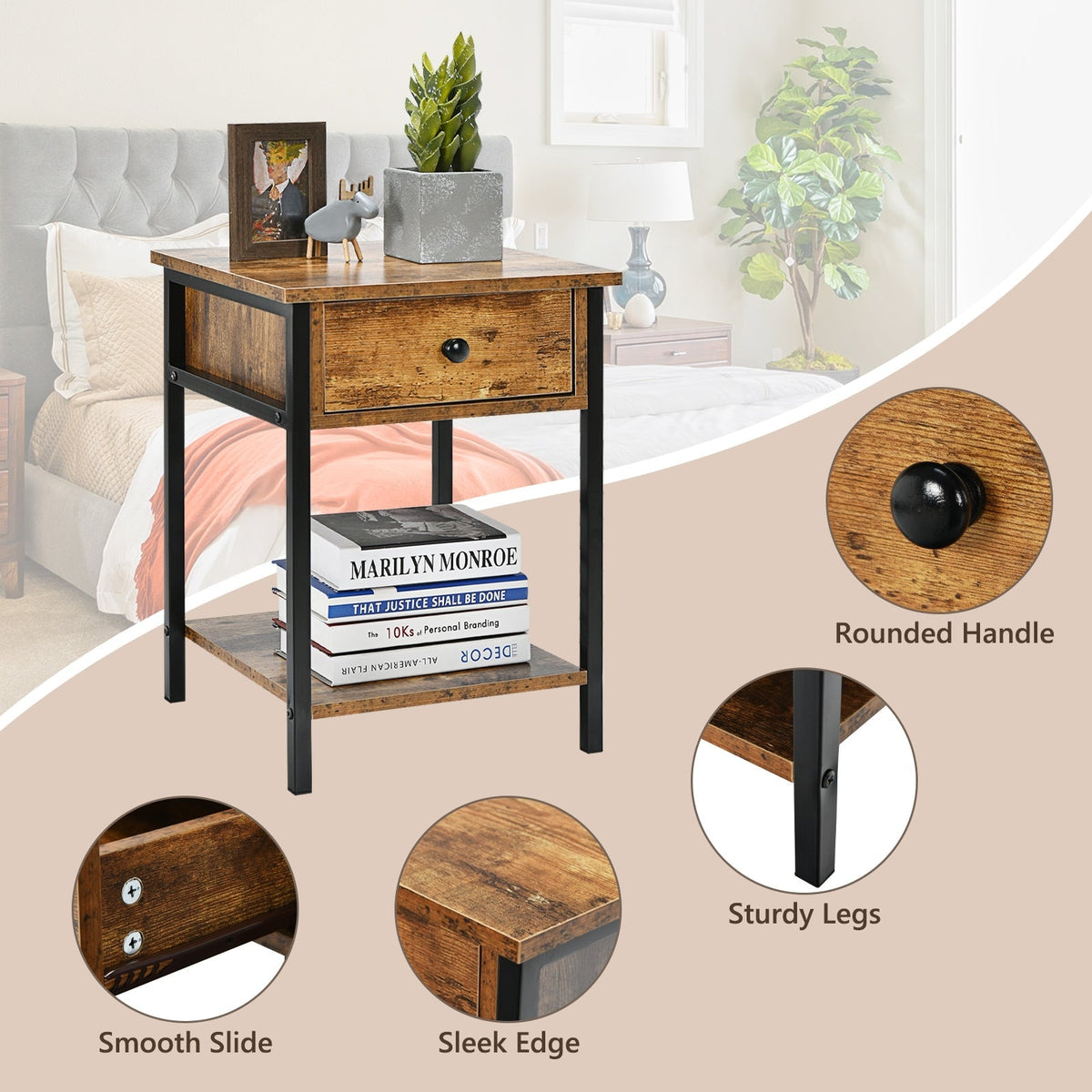 Industrial End Side Table Nightstand with Drawer Shelf