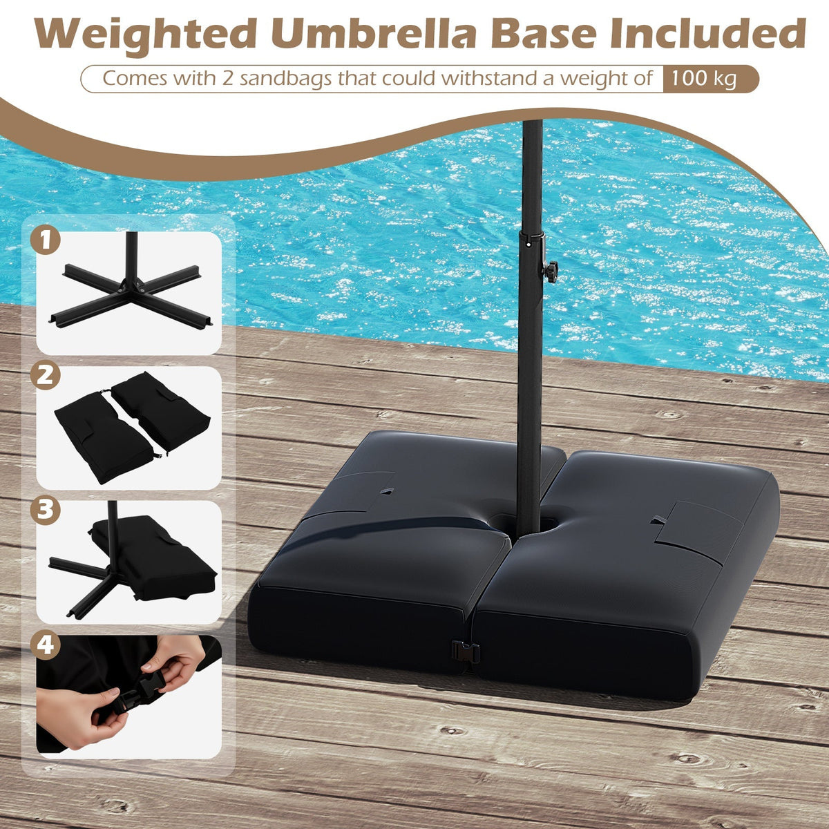 10 Feet Solar Offset Hanging Umbrella with Base and 32 LED Lights-Taupe