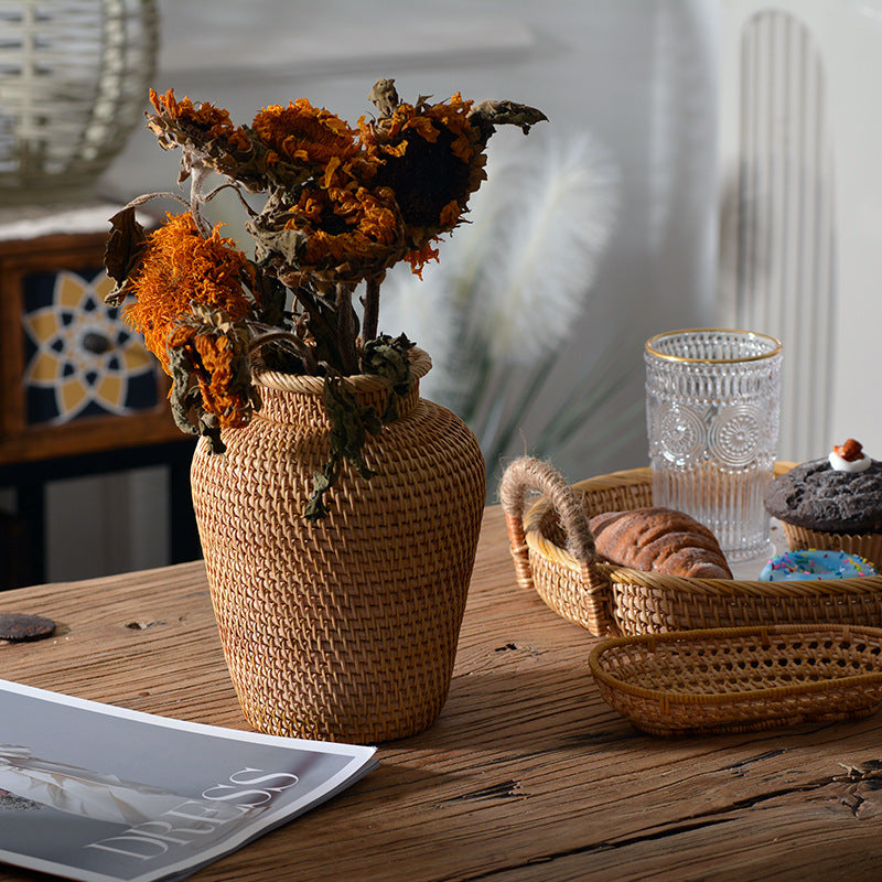 Adornos de ratán trenzado, jarrones secos florales, jarrones creativos, cestas de flores decorativas de mesa