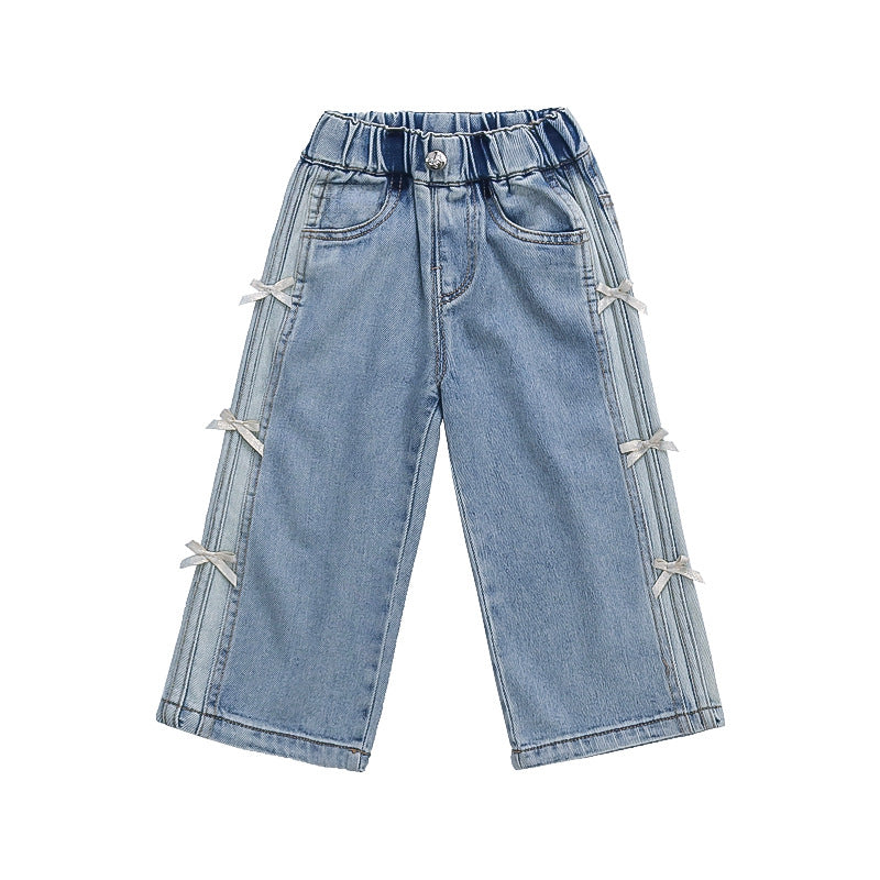 New Autumn Denim Wide-Leg Straight Pants With Bow For Kids