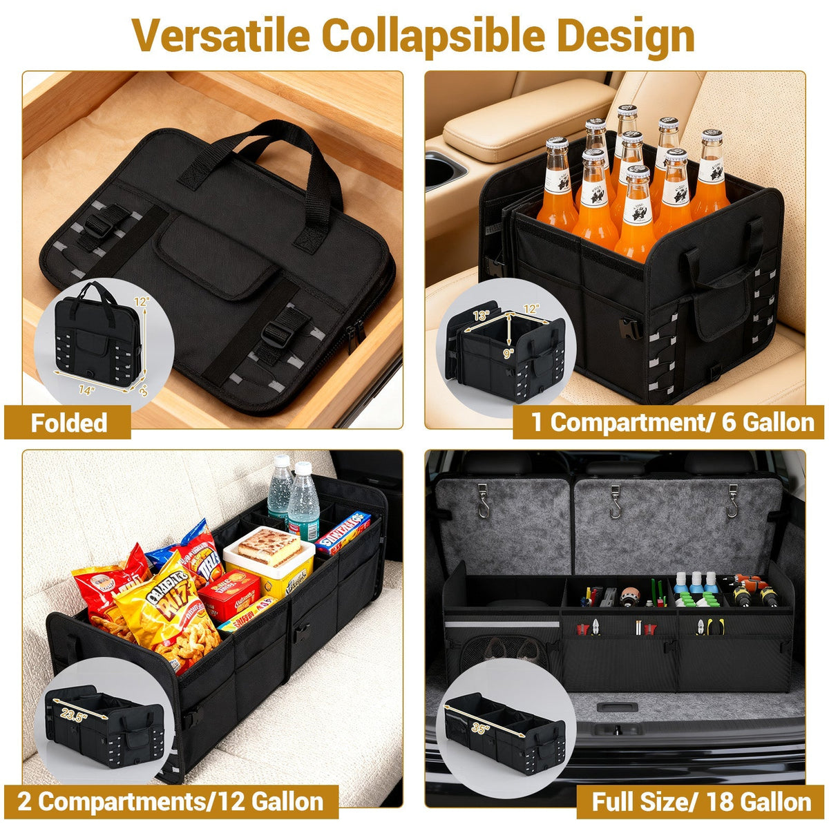 18 Gal Car Trunk Organizer with Lid 3-Compartment Portable Storage Box-Black