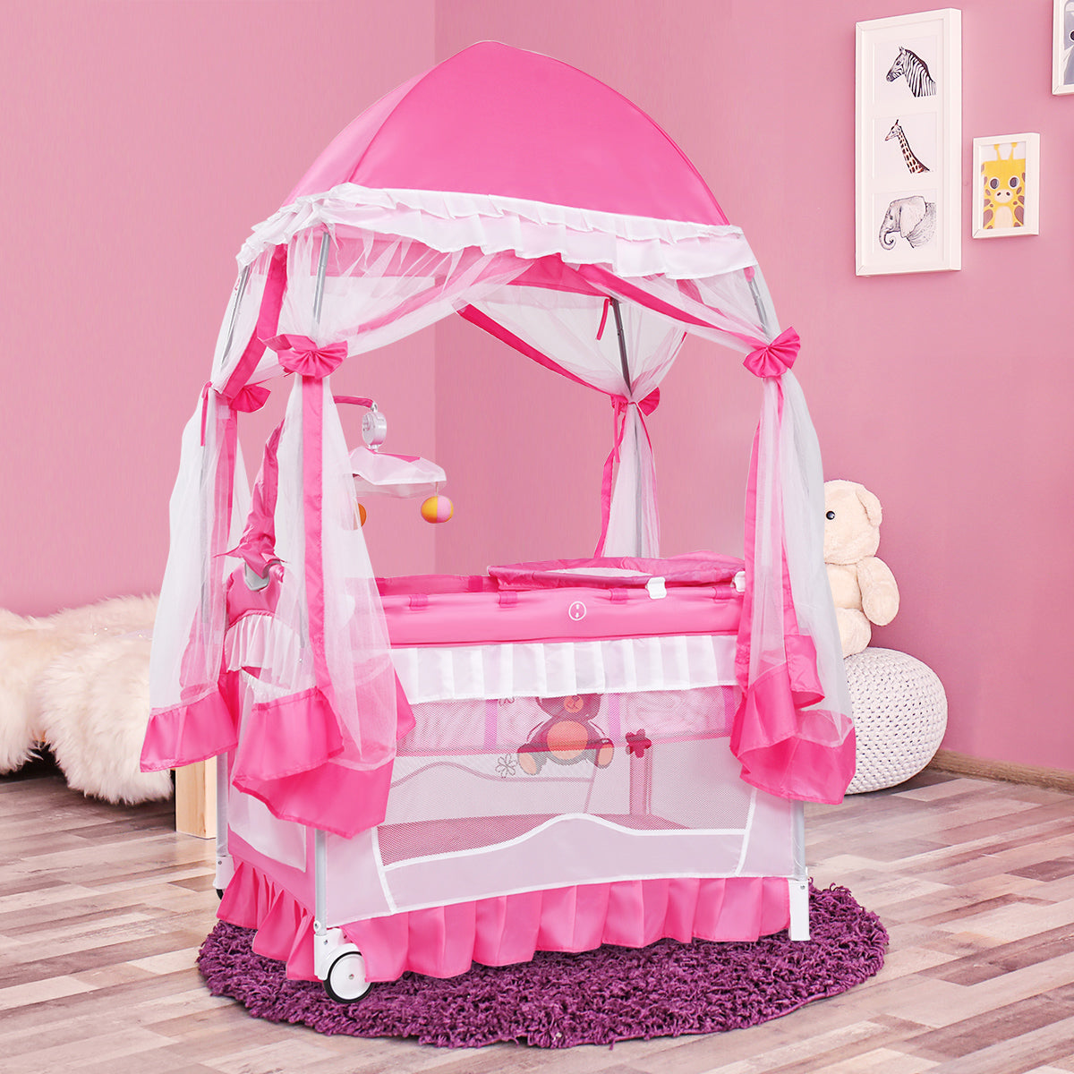 Portable Baby Playpen Crib Cradle with Carring Bag-Pink
