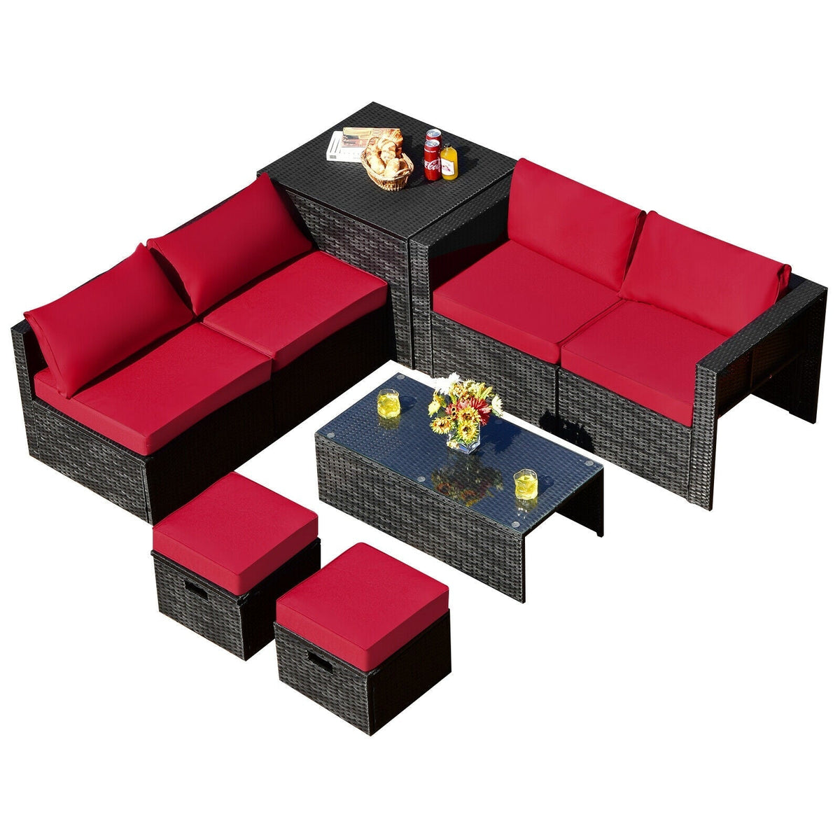 Juego de muebles de mesa de almacenamiento de ratán para patio de 8 piezas
