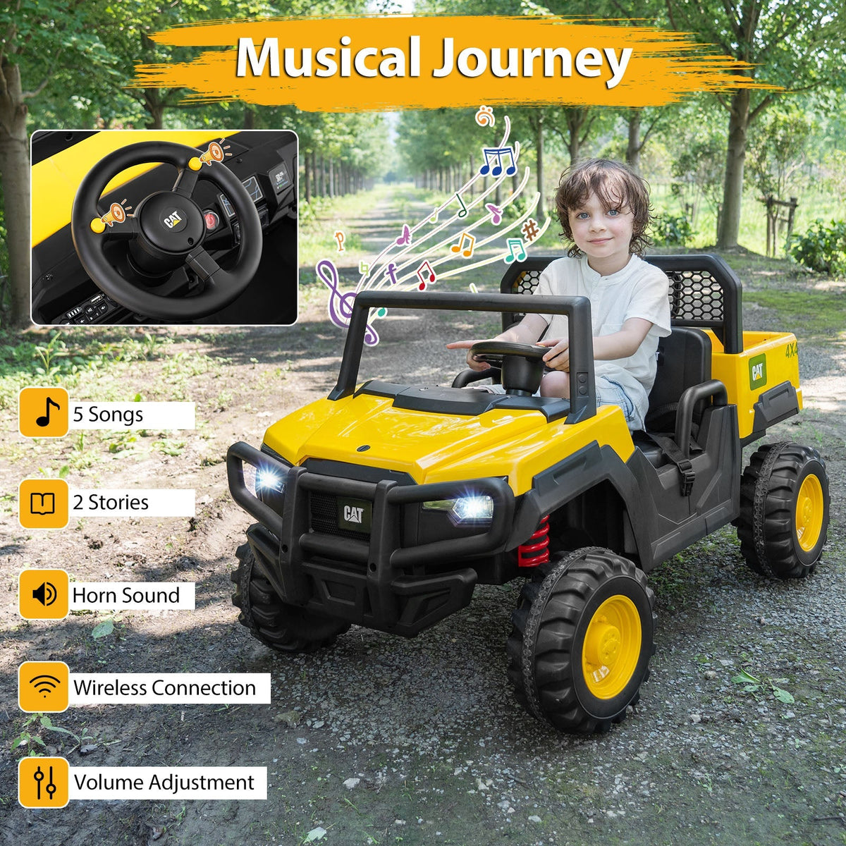 24V Ride On Dump Truck Licensed Caterpillar 2-Seater Kids Car with Remote Control-Yellow
