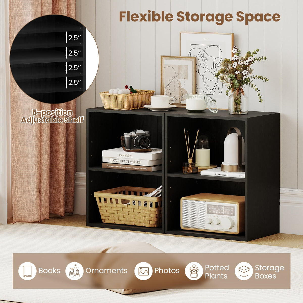 2-Cube Bookcase Floor Standing Open Bookshelf with 5-Position Adjustable Shelf