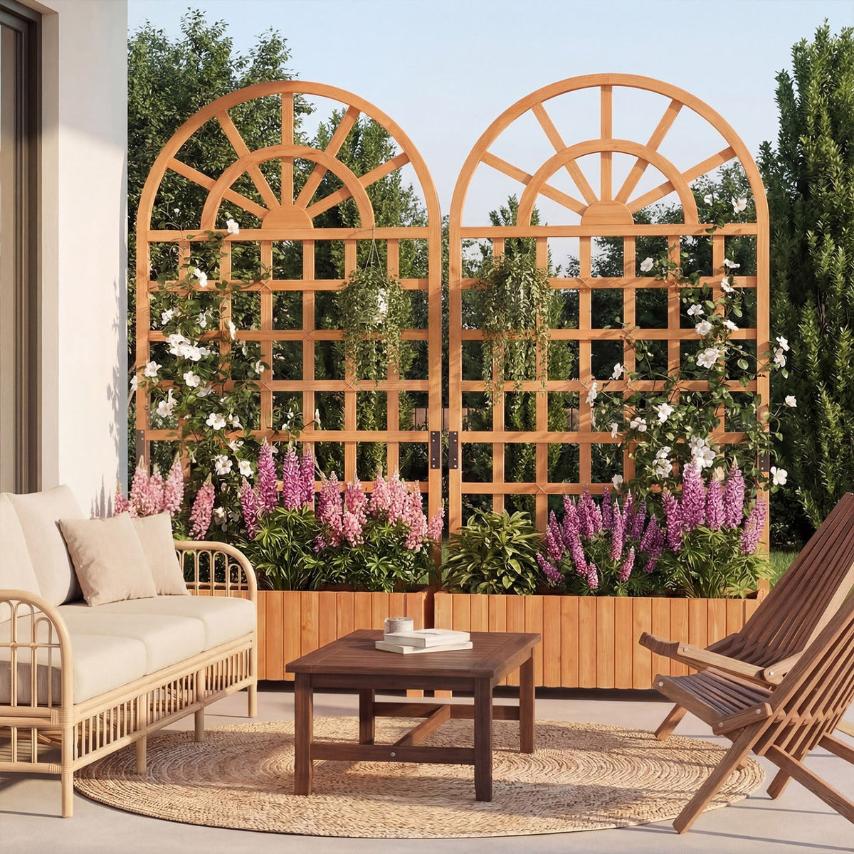 Set of 2 Wooden Raised Garden Bed with Trellis 71" Outdoor Planter Box Privacy Screen
