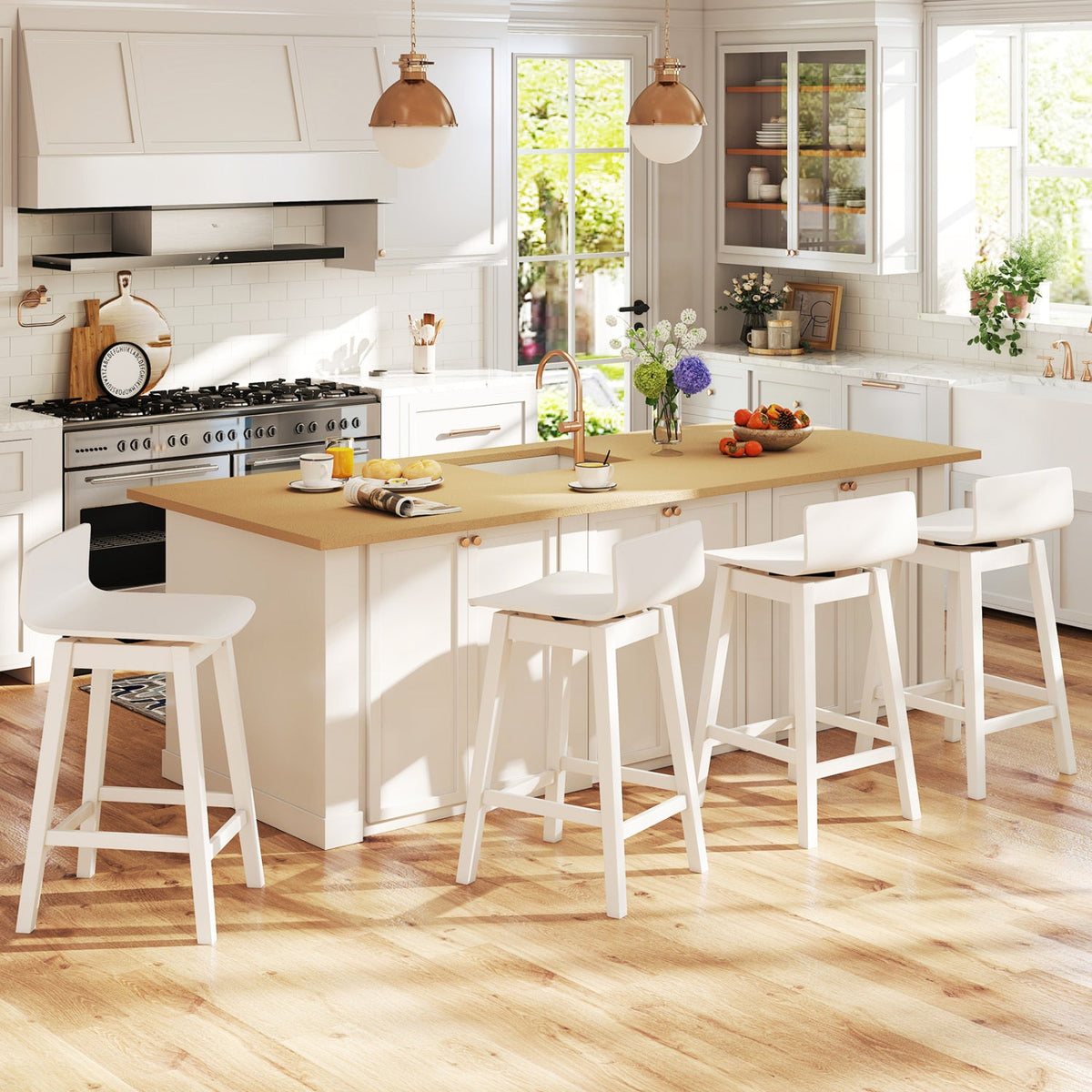 24.5 Inch Swivel Wooden Bar Stools Set of 4 with Rubber Wood Legs and Low Back