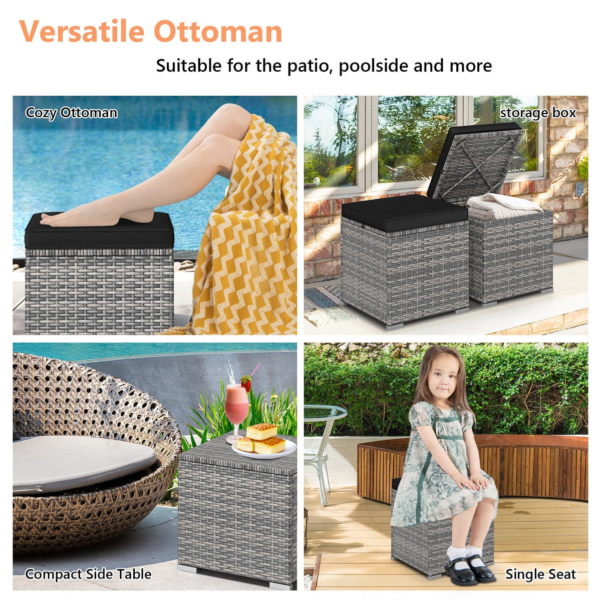 2 Pieces Patio Ottoman with Hidden Storage Space-Mix Grey