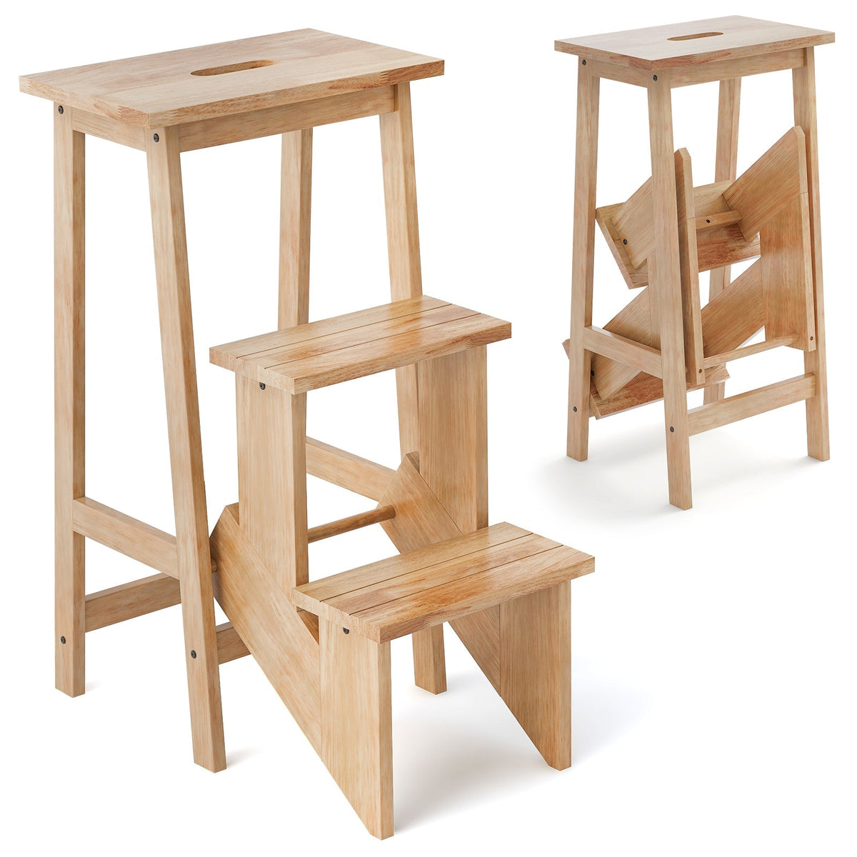 Taburete plegable de 3 escalones de madera de caucho 3 en 1 con estante de almacenamiento - Café