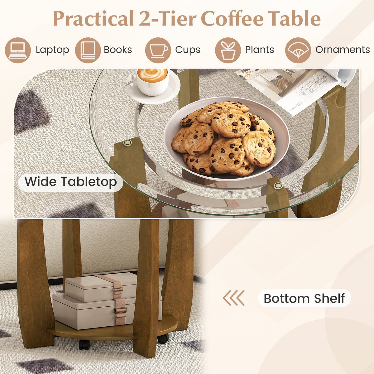 32" 2-Tier Glass Round Coffee Table with Storage Shelf