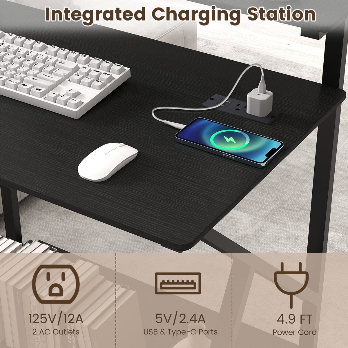 32 Inch Rolling Computer Desk for Small Spaces with Power Outlets