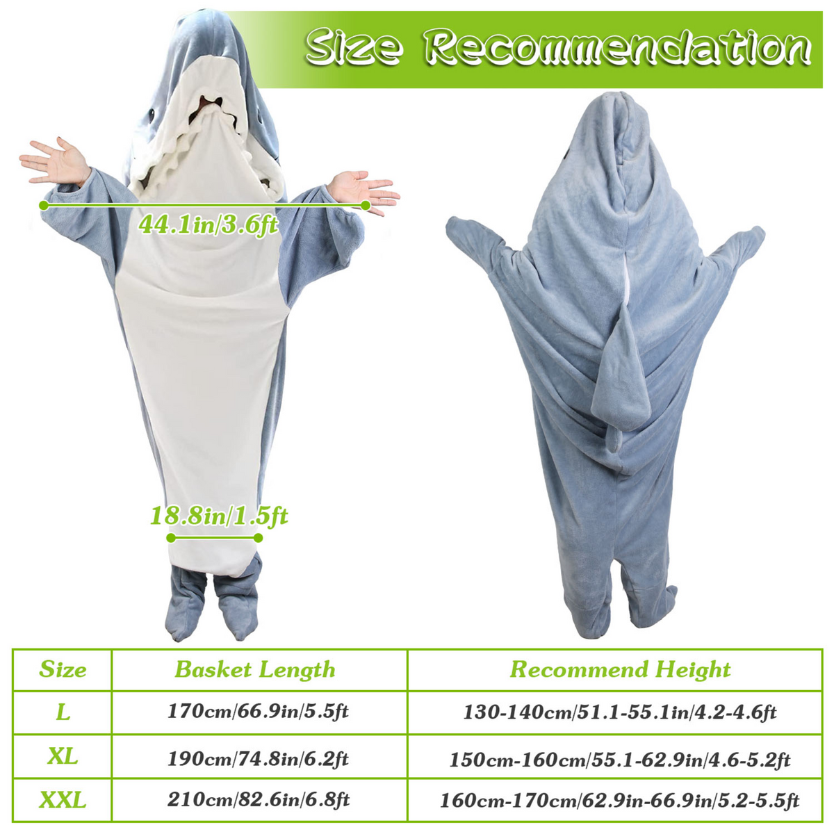 Wearable Shark Sleeping Bag Shark Onesie X-XXL Size Soft Comfortable Flannel Blanket With Zipper Suitable For Adult Children Height 4.2FT to 5.5FT