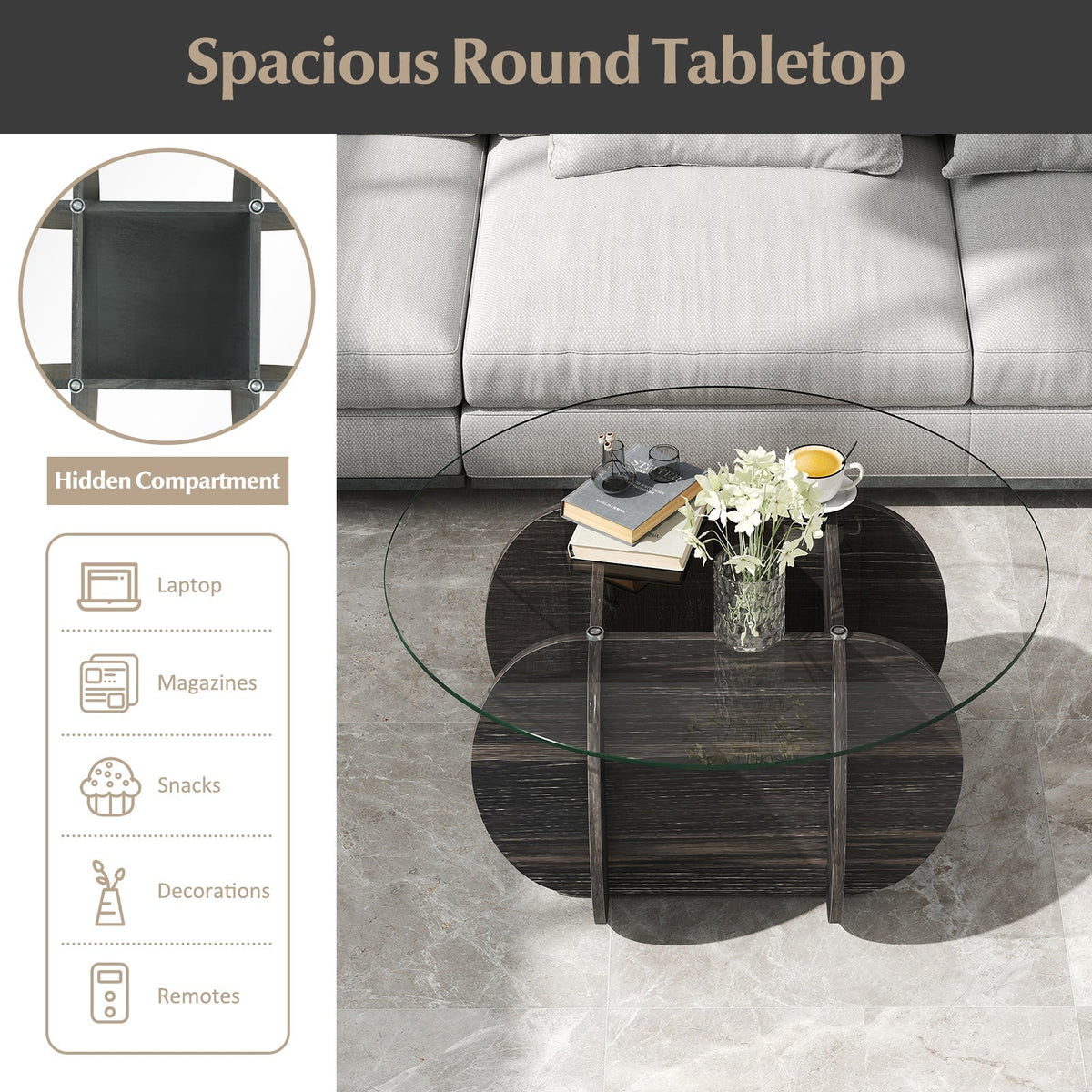 35" Round Coffee Table Unique Circle Center Table with Tempered Glass Top and Solid Wood Base-Black