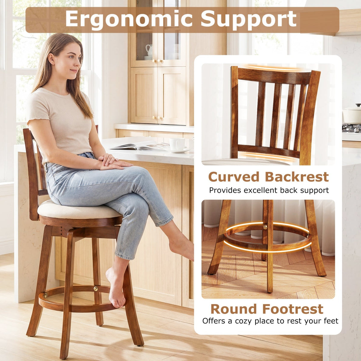 360° Rotating Counter Height Chairs Set of 4 with Backrest and Upholstered Seat