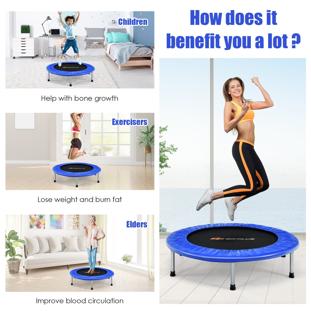 36 Inch Mini Folding Trampoline Portable Recreational Fitness Rebounder-Blue