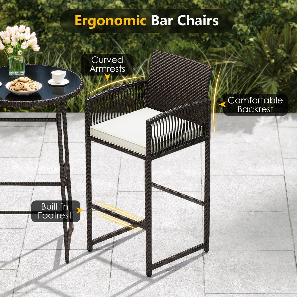 3 Piece Patio Bar Set Outdoor Wicker Bar Height Table and Armchairs-White