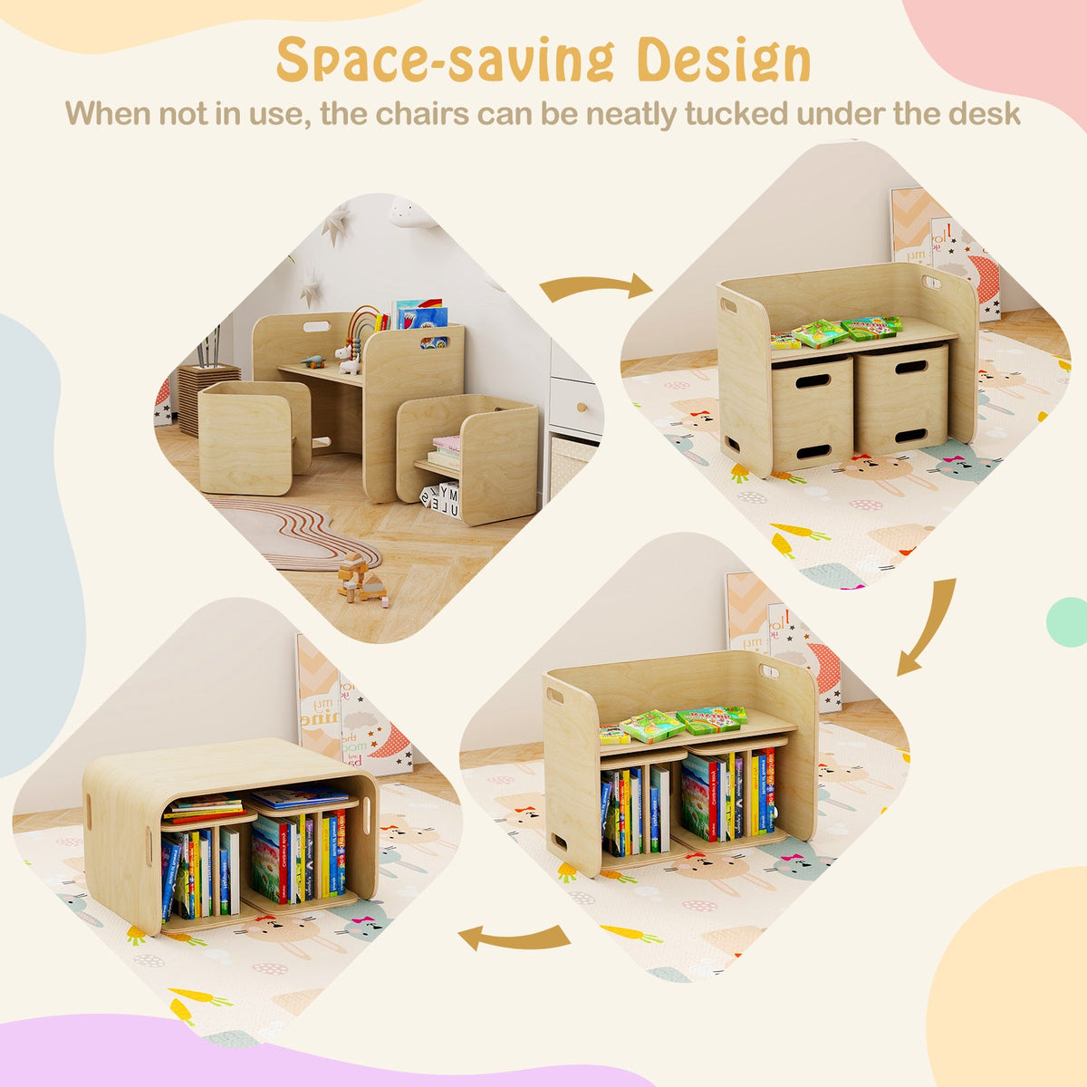 3 Pieces Kids Wooden Table and Chair Set-Natural