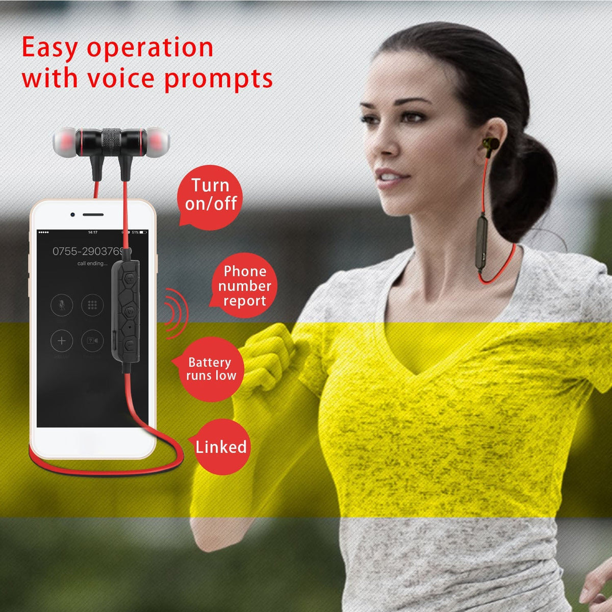 Wireless Headsets In-Ear Neckband Headphones Sweat-proof Sport Earbuds w/ Call Alert Number Broadcast For Gym Running Hiking
