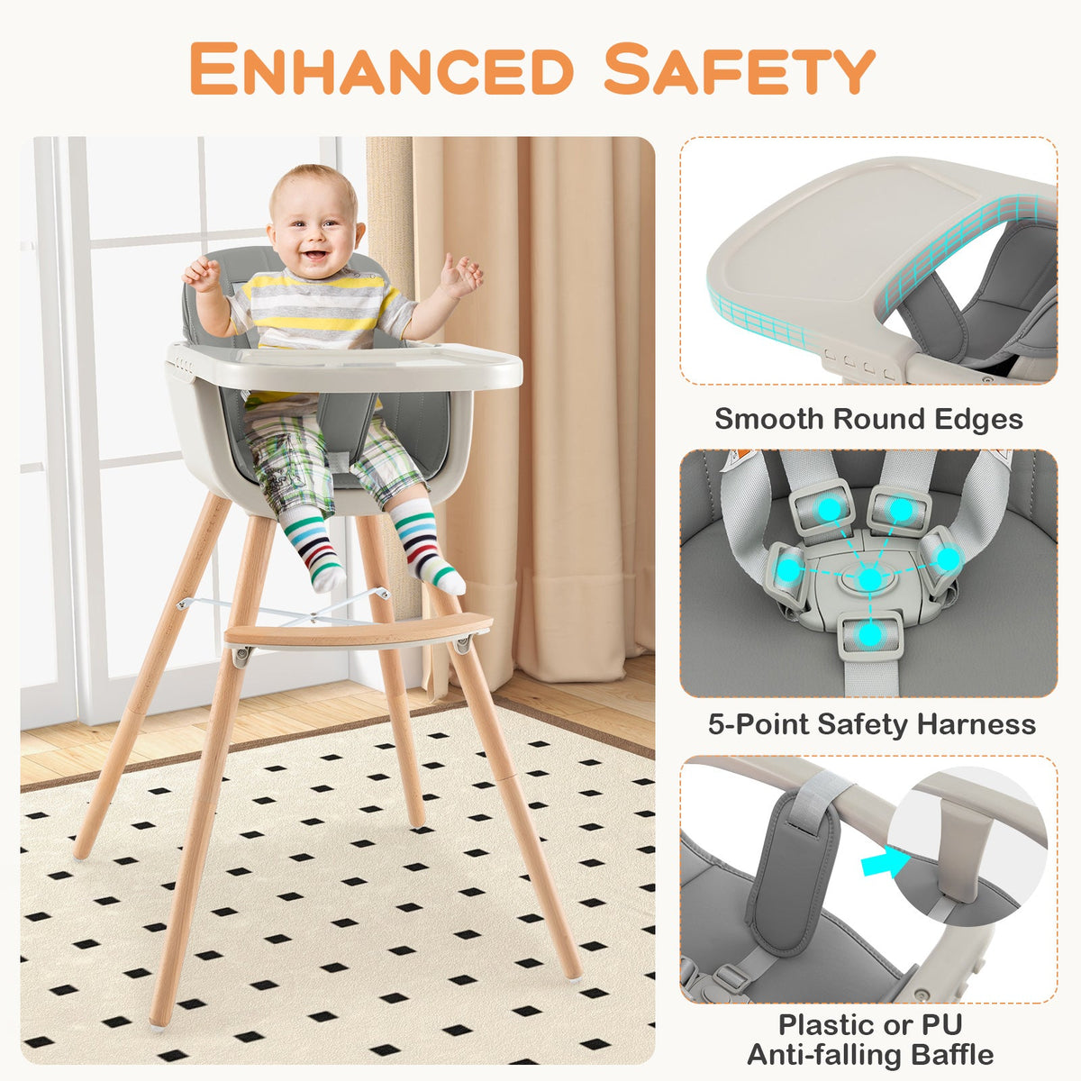 3-in-1 Convertible Wooden High Chair with Cushion-Gray