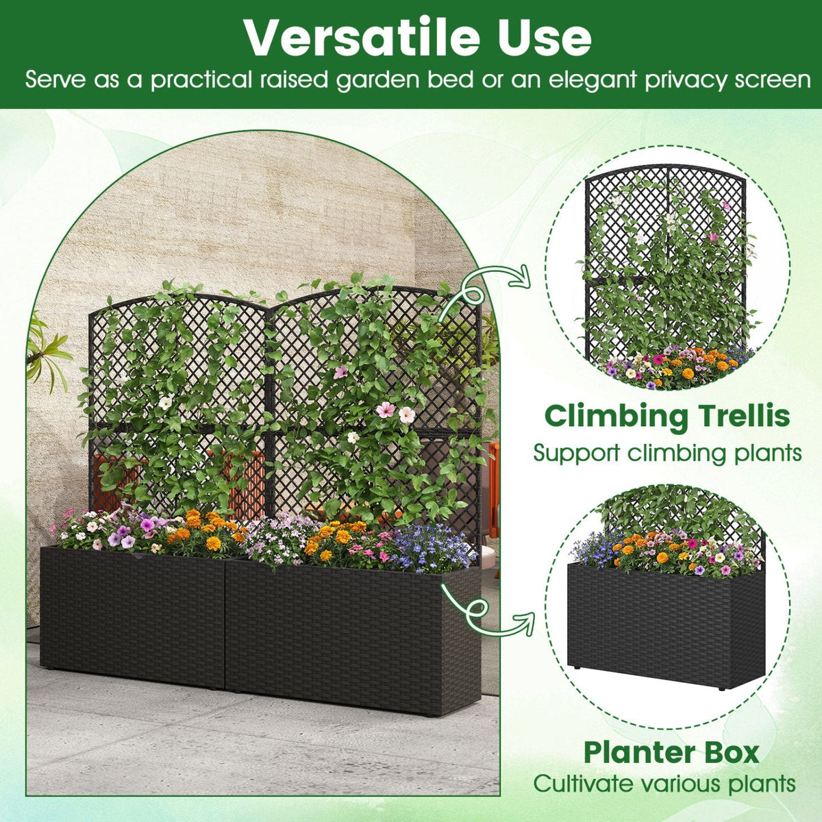 49 Inch Raised Garden Bed with Trellis and Wicker Planter Box