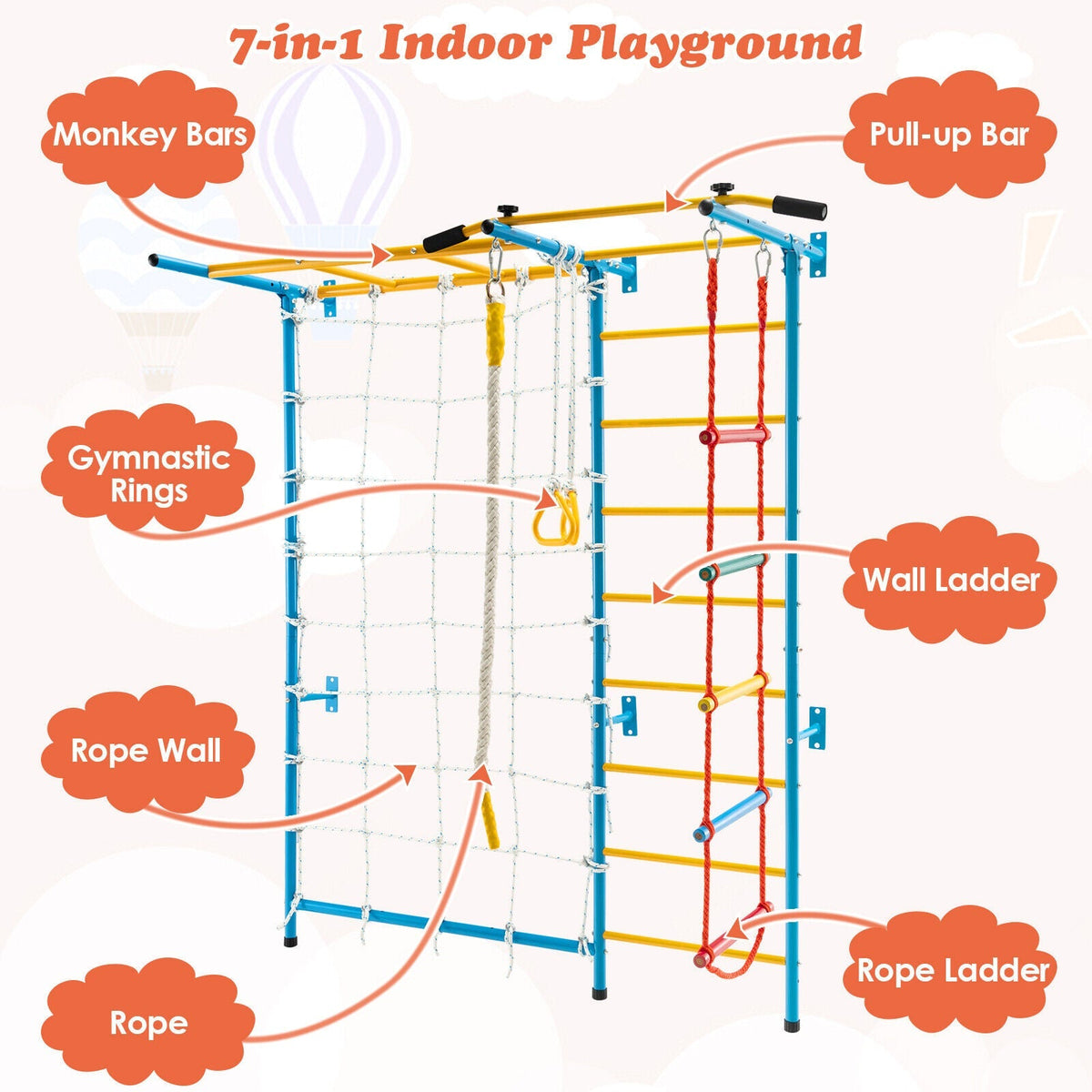7 en 1 Parque de juegos infantil de interior para niños con escalera de pared sueca para pared sólida - Amarillo