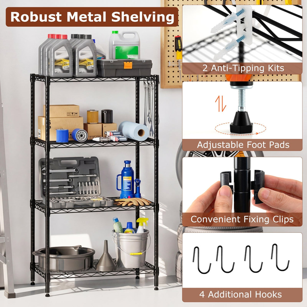 4-Tier Metal Storage Shelving Unit Set of 2 with V-Shaped Wire Rack-Black