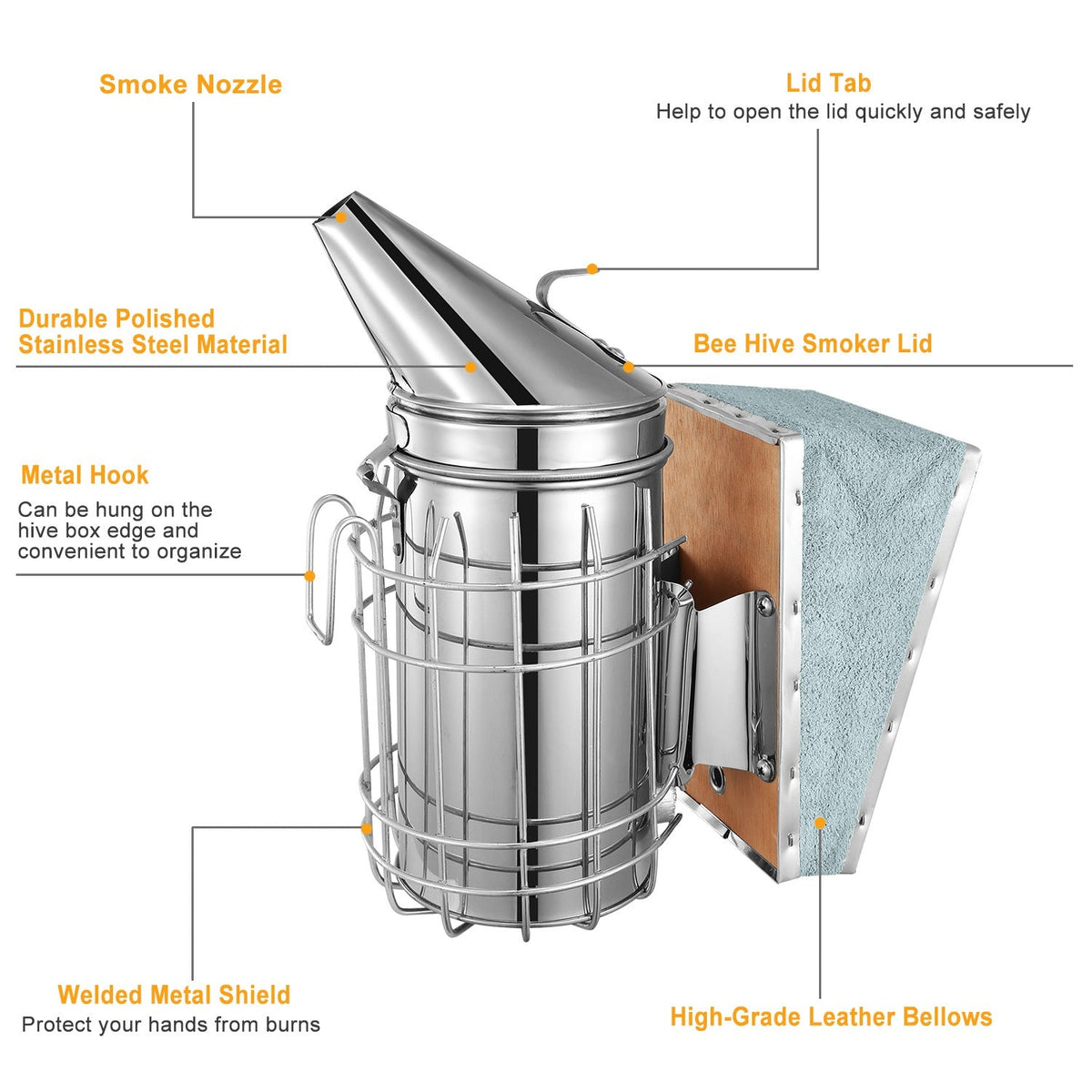 Bee Hive Smoker 11-Inch Heavy Duty Stainless Steel with Metal Heat Shield Storage Hook Beekeeping Equipment Tool