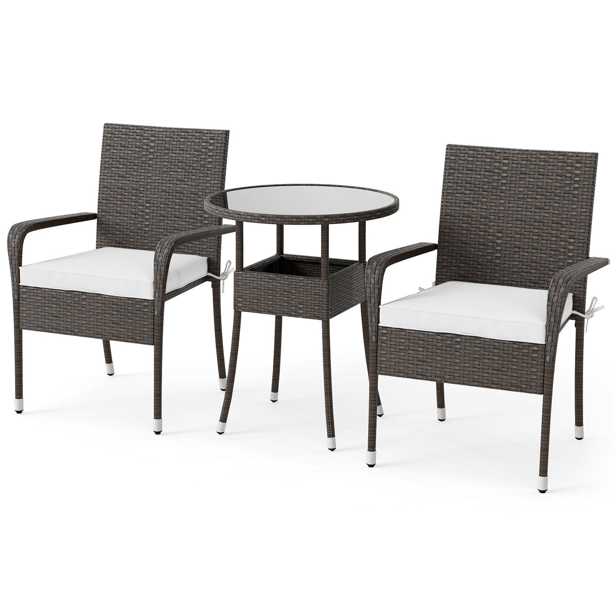 3-Piece Patio Furniture Set PE Rattan Wicker Chairs with Tempered Glass Top Table-White