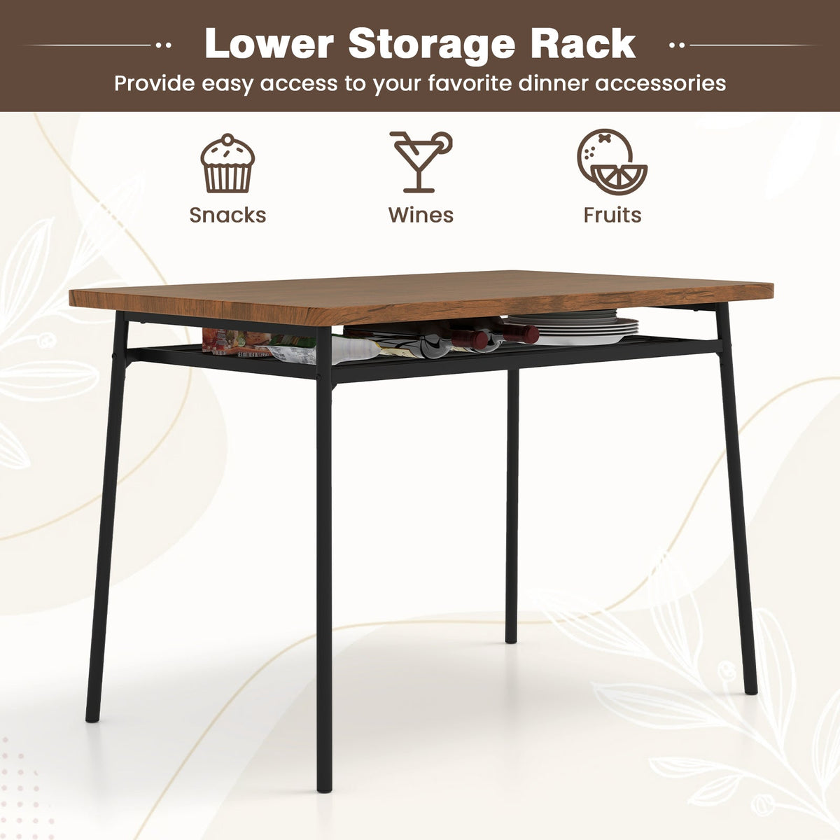 5-Piece Table Set for 4 with Metal Frame and Storage Rack-Brown