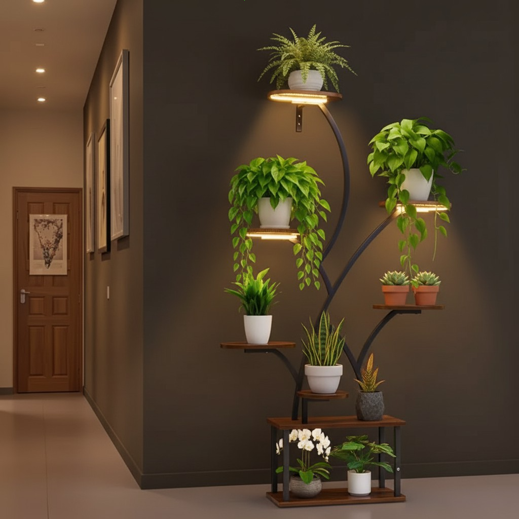 Estante metálico esquinero de 8 niveles para plantas | Estantería para plantas de interior con forma de árbol