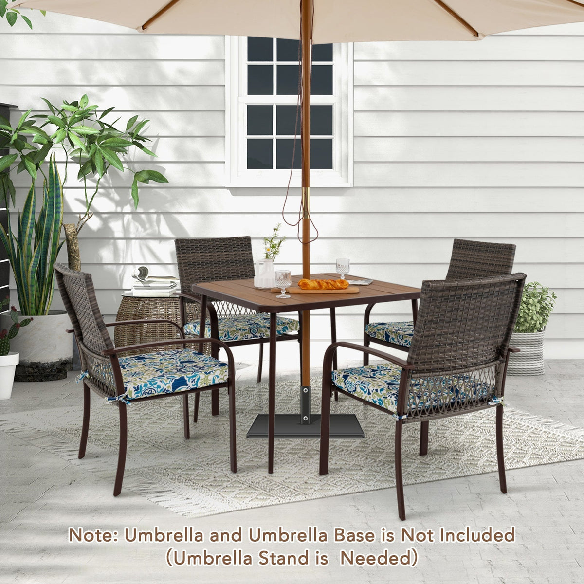 Juego de comedor para patio de 5 piezas con 4 sillones de ratán acolchados y mesa cuadrada