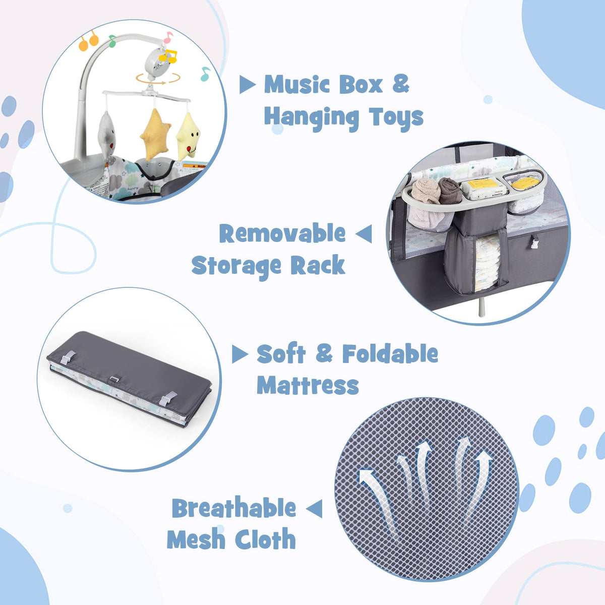 5-in-1 Portable Baby Beside Sleeper Bassinet Crib Playard with Diaper Changer-Gray