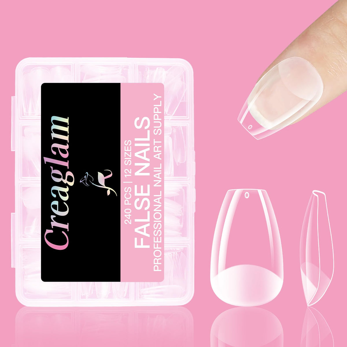 Puntas de uñas cuadradas cortas Creaglam, 240 piezas, acrílico transparente, 12 tamaños, gel suave