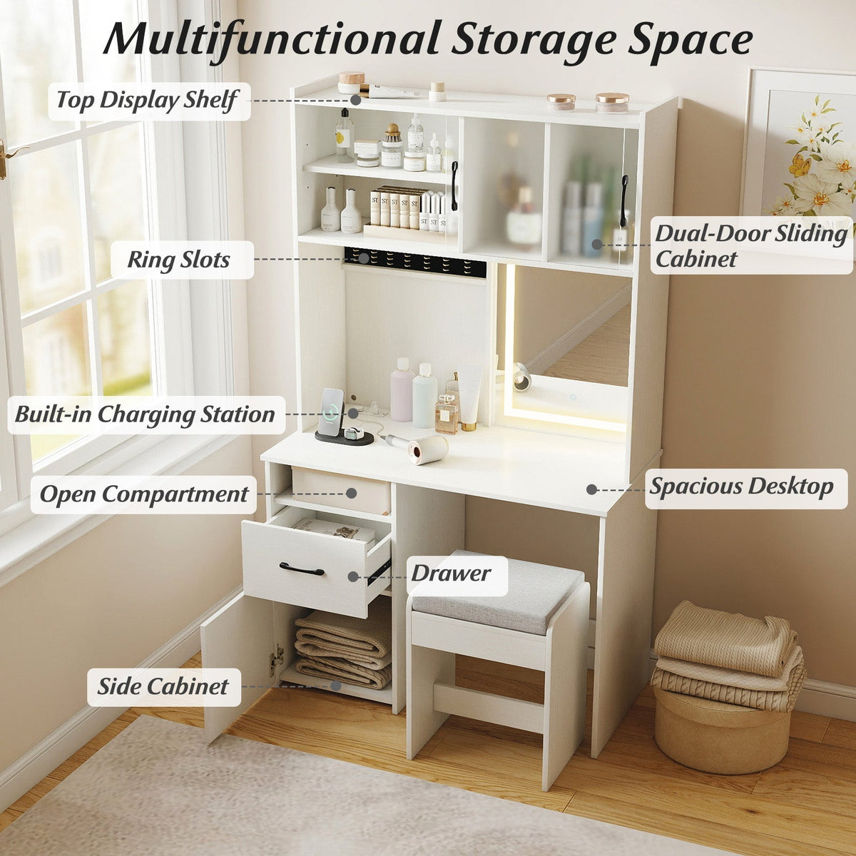 67 Inches Tall Vanity Set with Mirror Makeup Dressing Table with Charging Station-White