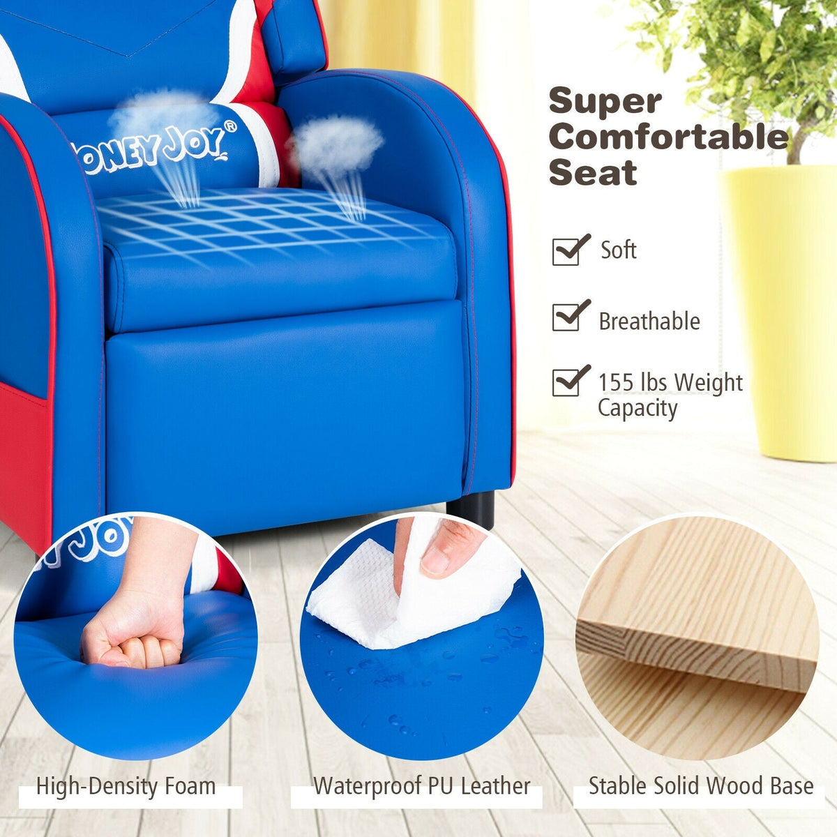 Sillón reclinable infantil de cuero con bolsillos laterales
