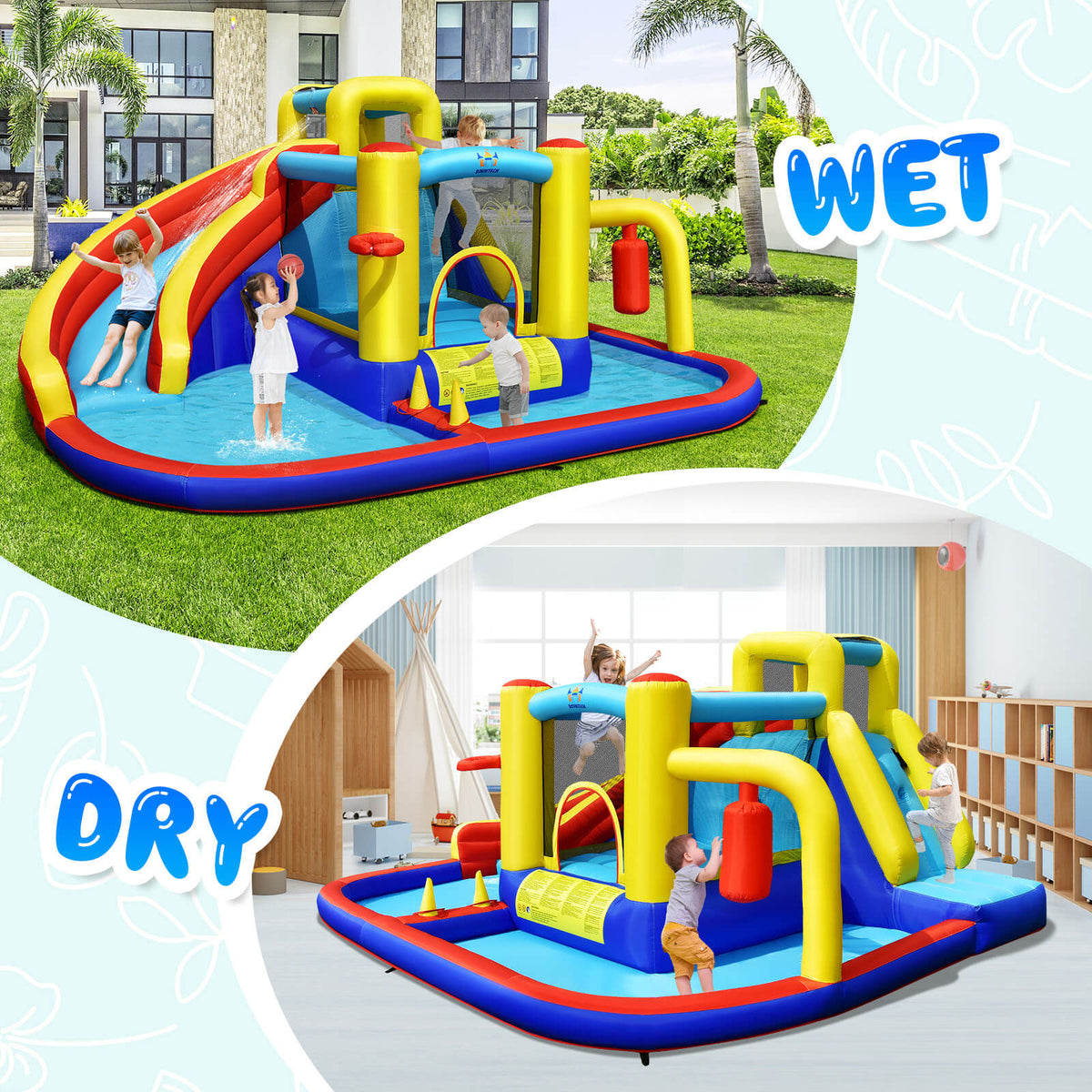 Tobogán de agua inflable 7 en 1 con piscina y muro para escalar (sin soplador)
