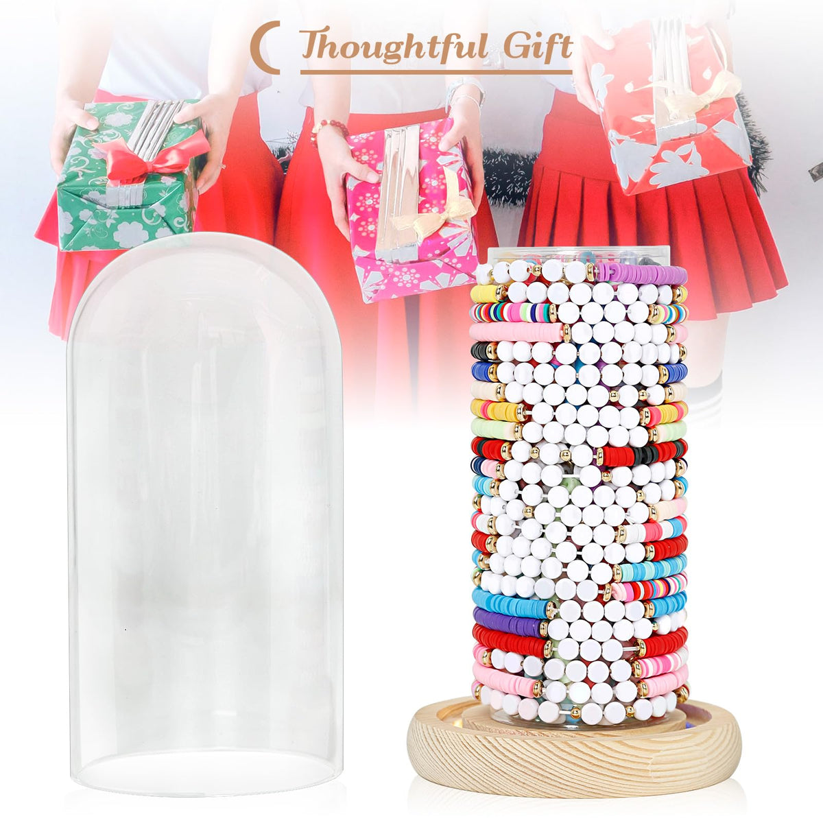 Organizador de pulseras de la amistad Aolamegs con luces y base de madera rústica transparente