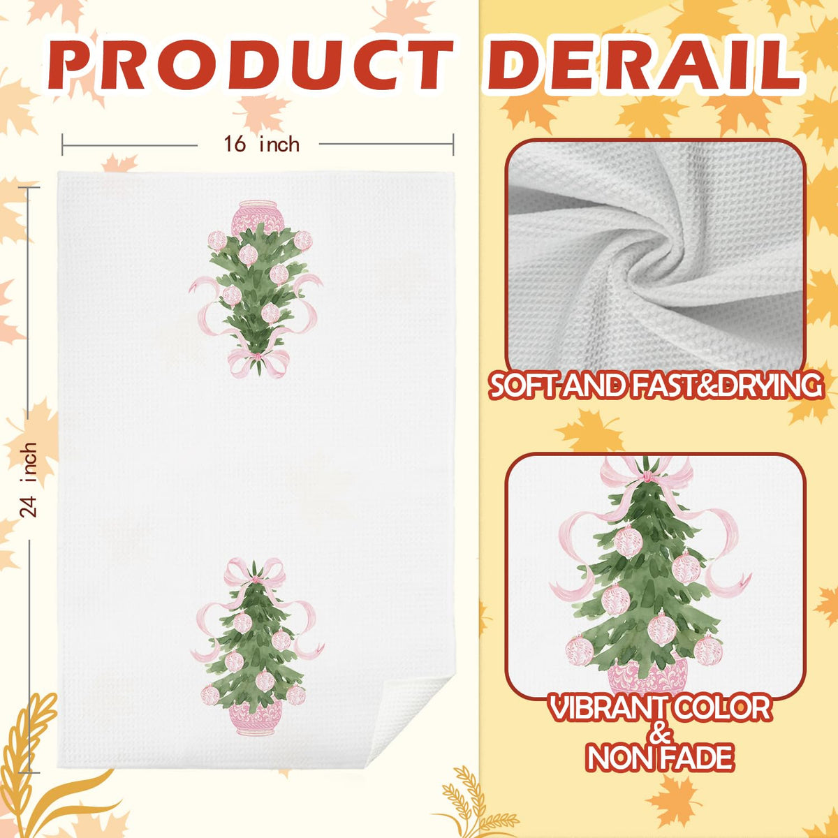 Juego de 2 paños de cocina navideños SPBL&L con diseño chinoiserie, árbol con lazo rosa, 16x24 pulgadas