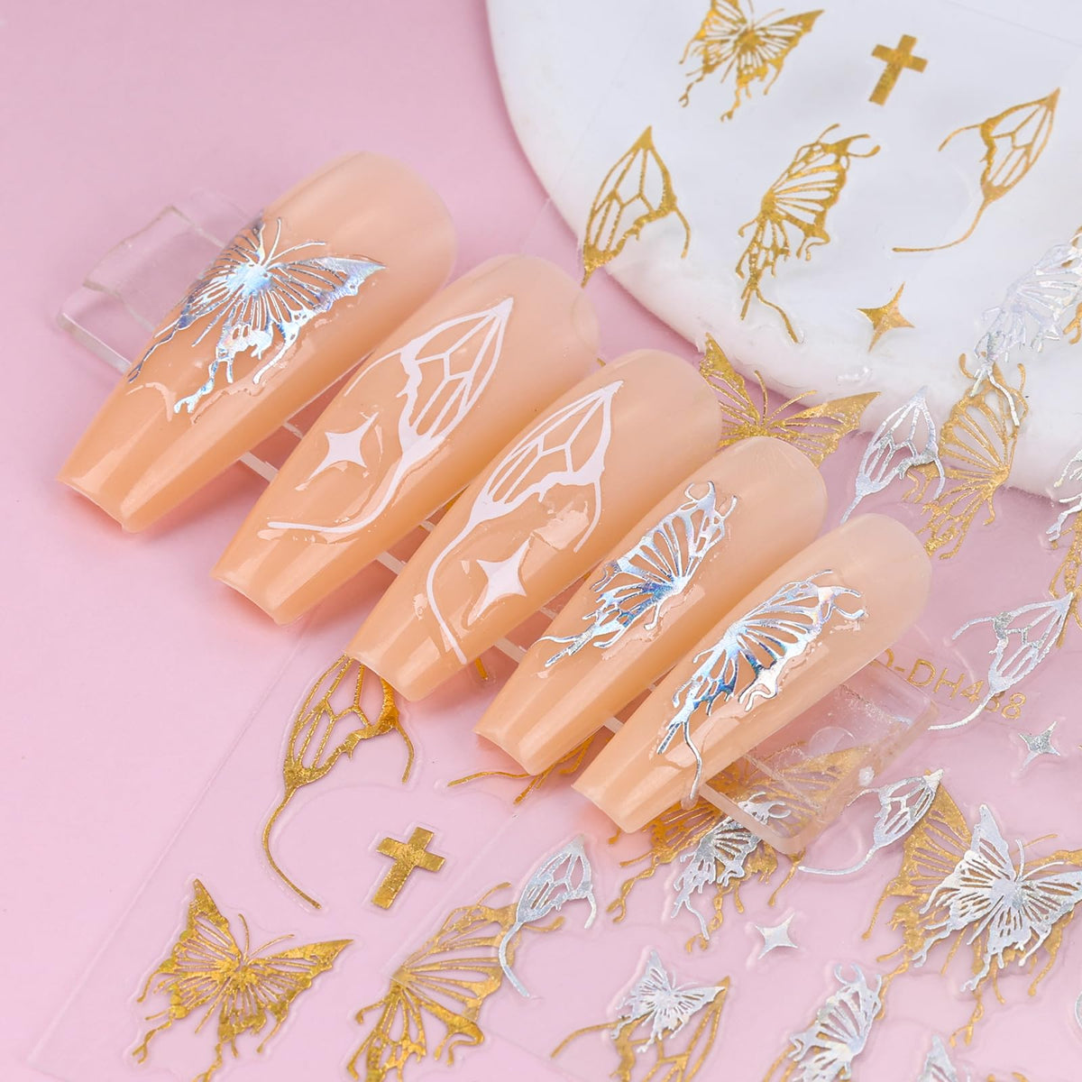 Kikonoke 12 hojas de pegatinas láser para uñas con diseño de mariposa, calcomanías 3D en blanco, plateado y dorado
