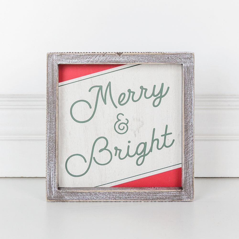 Merry And Bright 7 Inch Wood Christmas Wall Sign Red Green White Holiday Home Decor 7x7x1.5