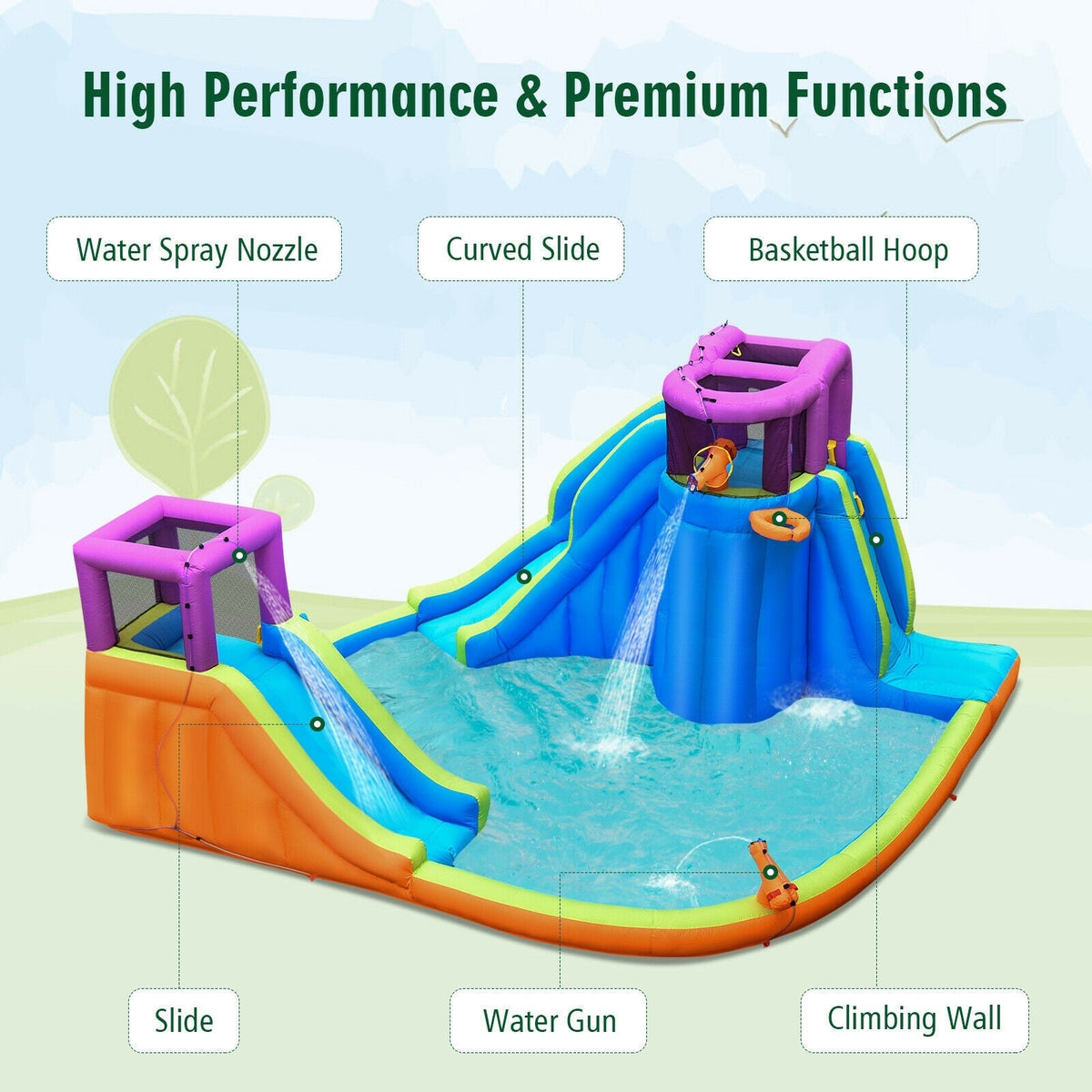 Tobogán de agua inflable 6 en 1 con casa de rebote, sin soplador