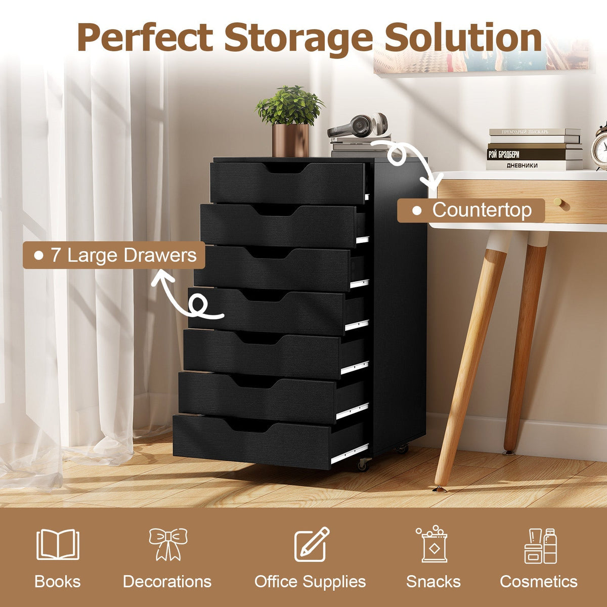 7-Drawer Chest Wooden Storage Dresser with Lockable Wheels