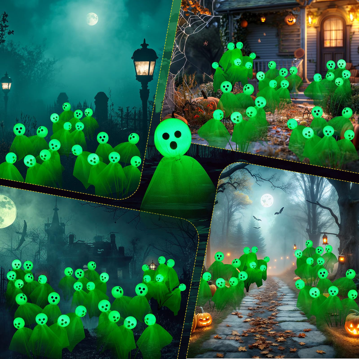 VIHOSE Paquete de 6 luces solares de Halloween para camino, diseño de fantasma, 36 LED, color verde, para exteriores