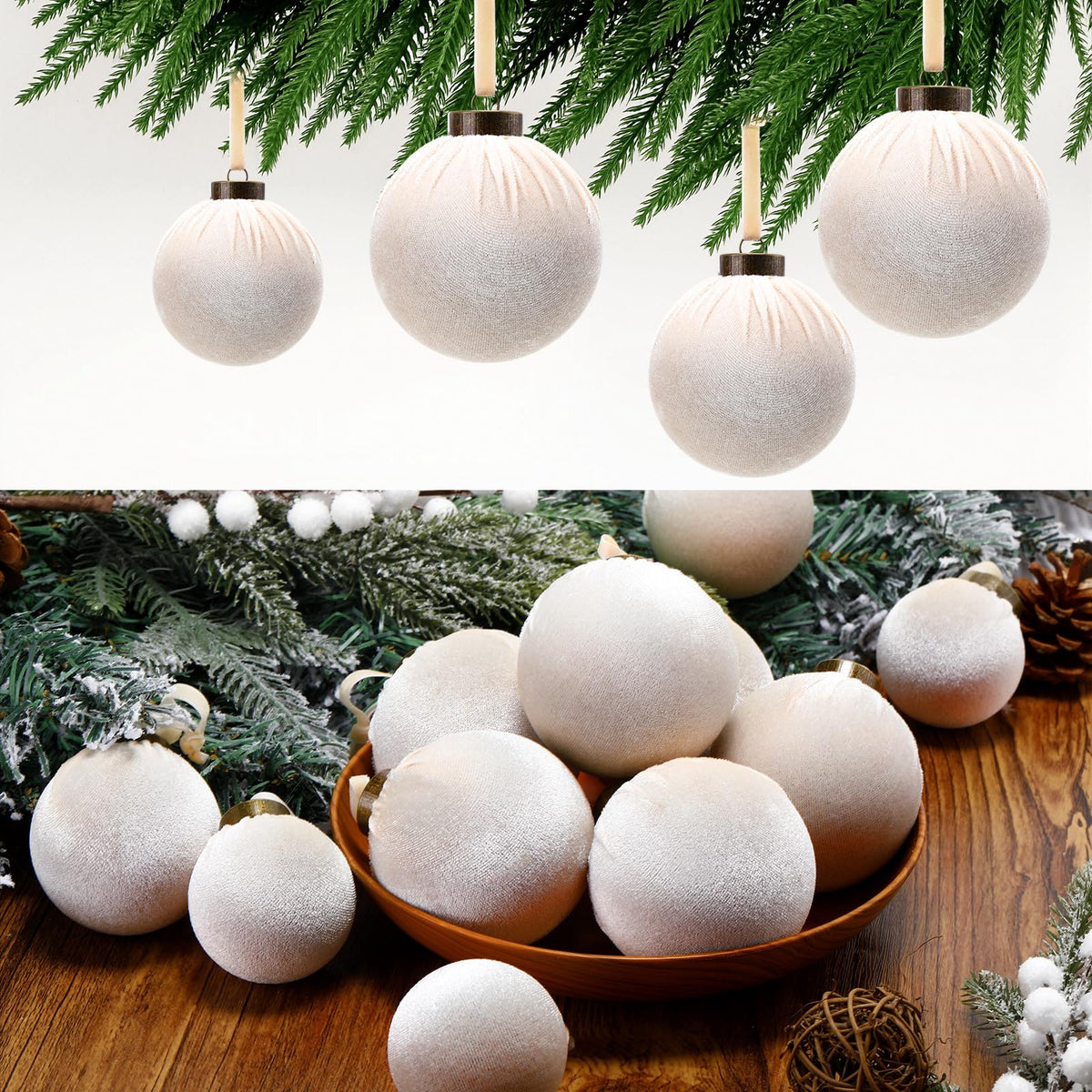 HyDren 24 piezas de esferas navideñas de terciopelo beige inastillables de 3.15, 2.76 y 2.36 pulgadas