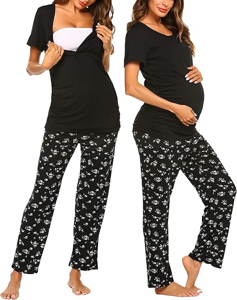 Conjunto de pijama de maternidad y lactancia Ekouaer, ropa de dormir para amamantar, diseño de flores negras, talla S
