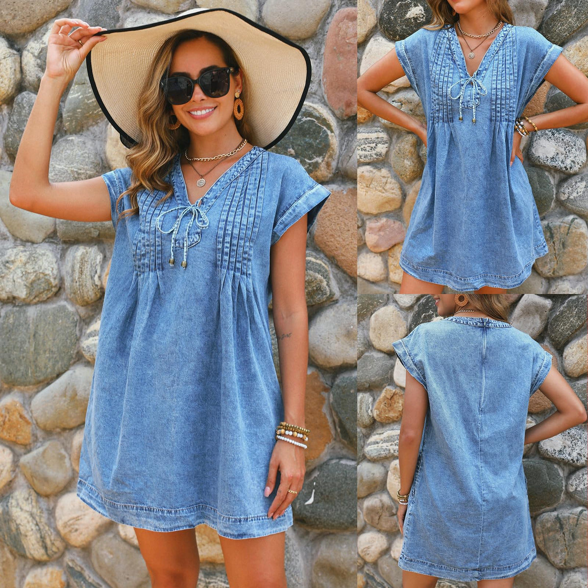 LIUSHIQI Mono Vaquero para Mujer, Escote en V, Lazos Delanteros, Bolsillos, Azul, Talla S