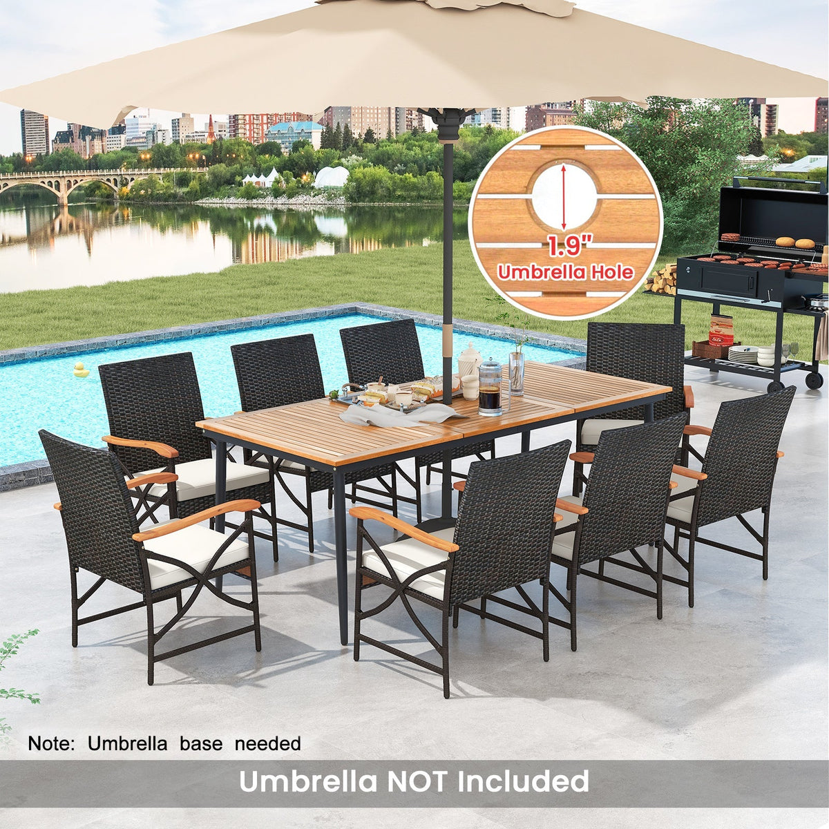 79 Inch Outdoor Acacia Wood Dining Table and 8 Rattan-woven Dining Chairs with Umbrella Hole