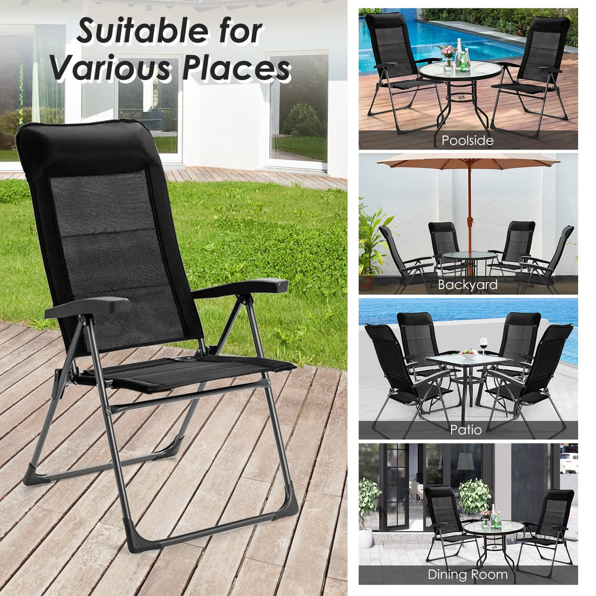 2 sillas plegables portátiles para patio, con reposacabezas ajustable, para camping -Negro